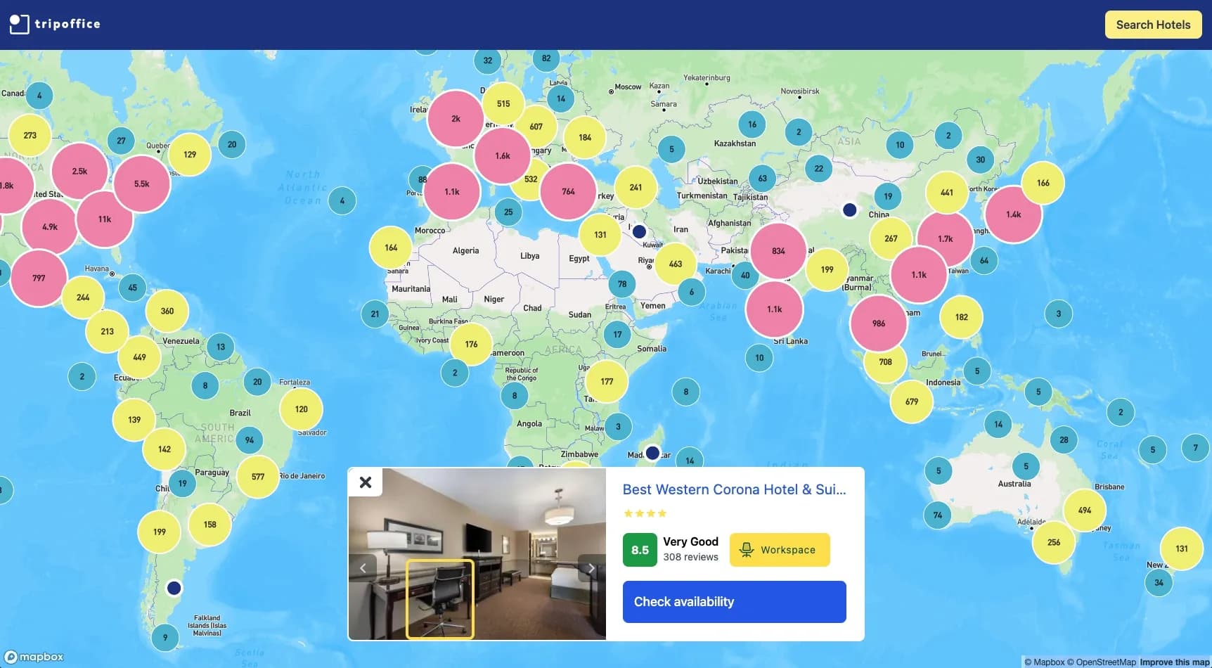 TripOffice.comv2.0.0 homepage screenshot — Find a workspace in 200k hotel rooms - LOGIN NOT REQUIRED