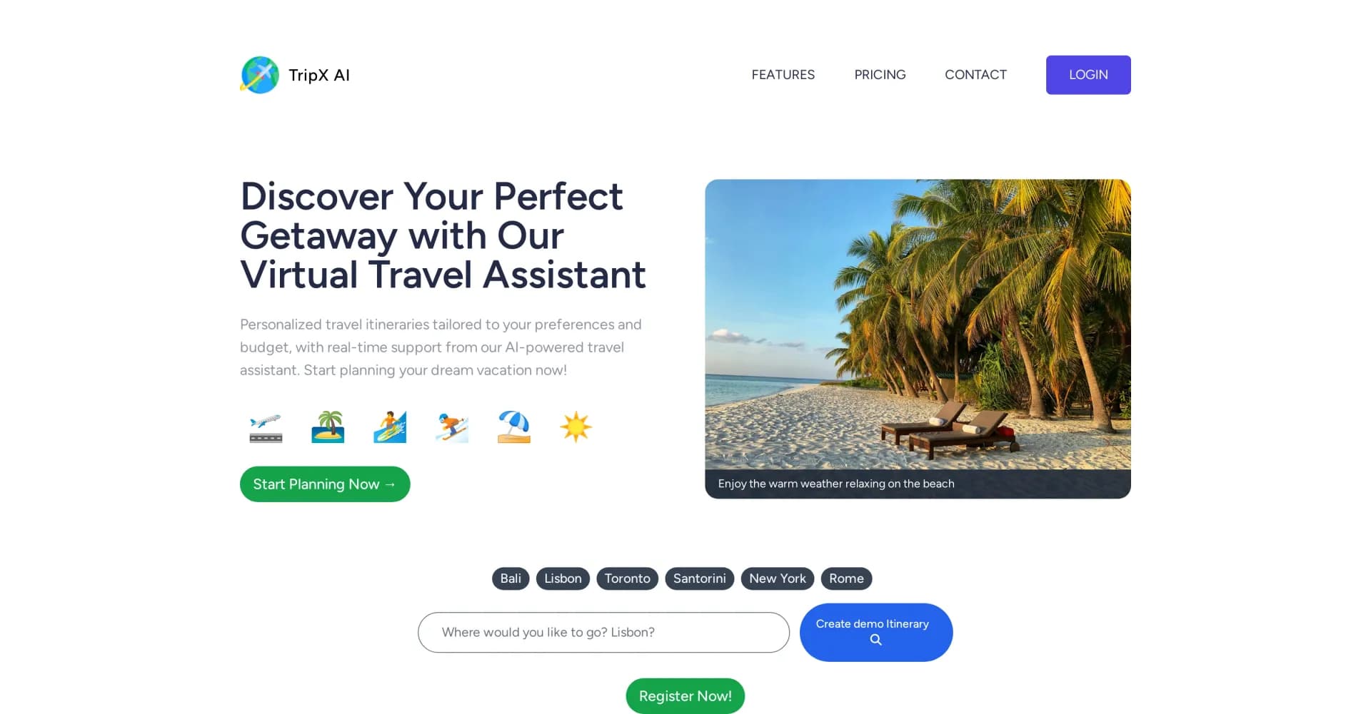 TripX AI homepage screenshot — AI-powered travel planning, tailored to you.