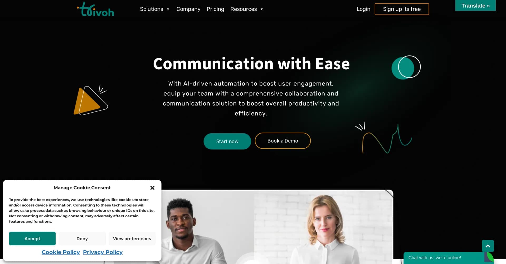 Trivoh homepage screenshot — Seamless video and audio communication for every industry.
