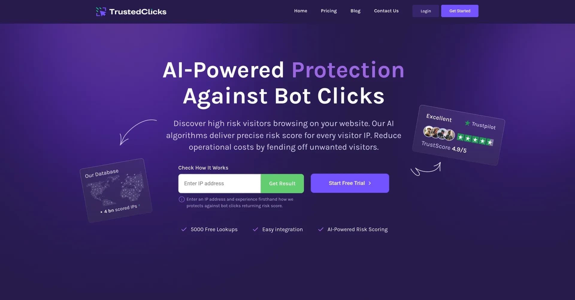 Trusted Clicks homepage screenshot — Identify risky visitors with real-time IP scoring.