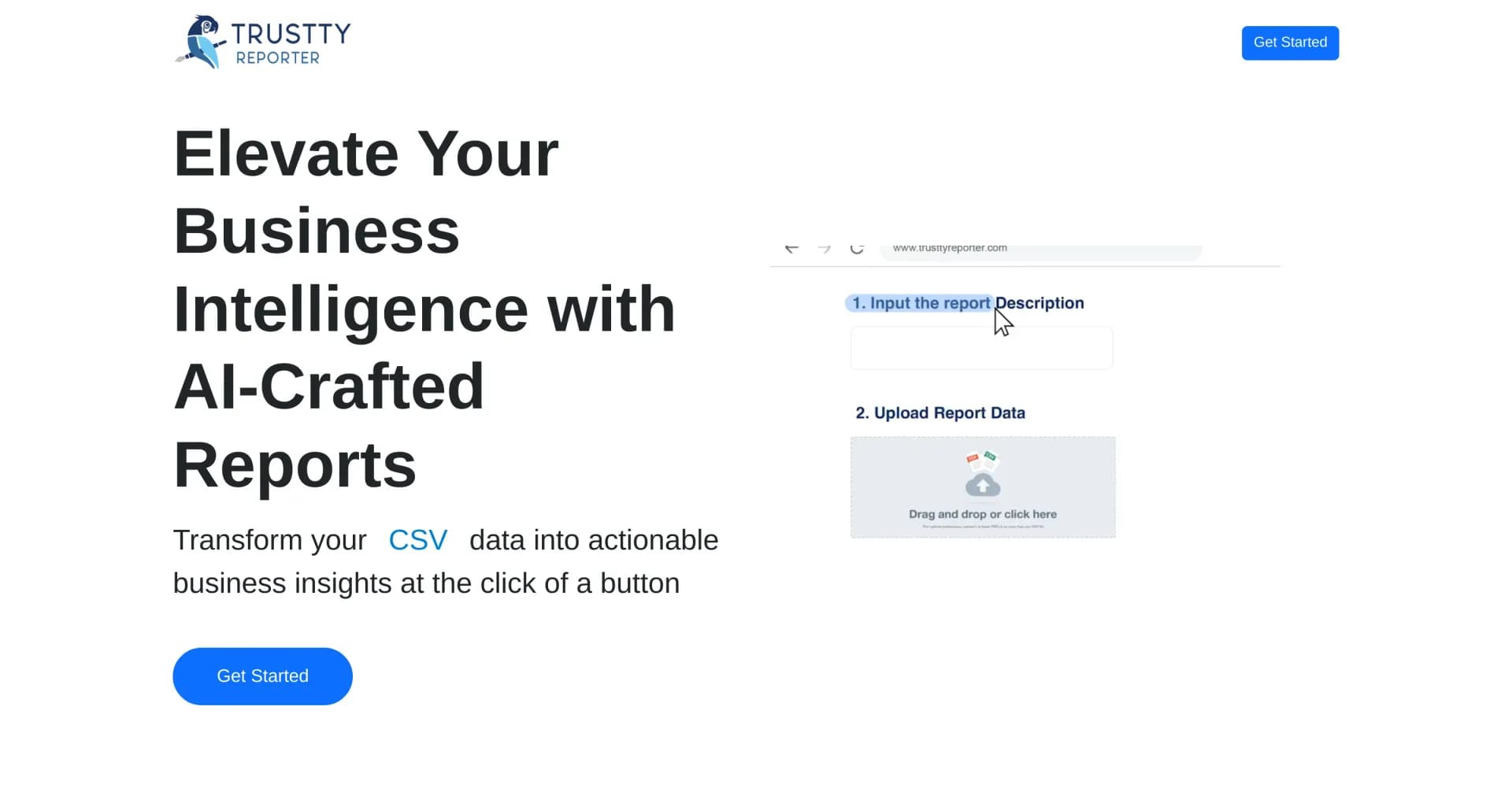 Trustty Reporter homepage screenshot — AI-powered business reports from PDFs and CSVs.