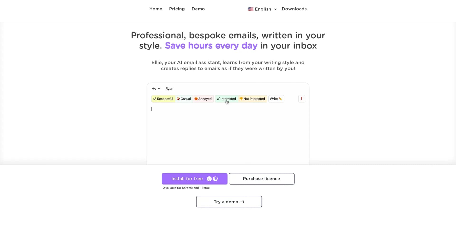 Tryellie homepage screenshot — AI email assistant that writes in your style