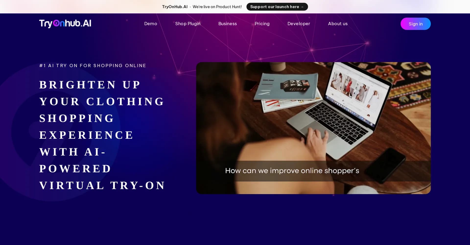 TryOnHub homepage screenshot — Transform shopping with AI-powered virtual try-on