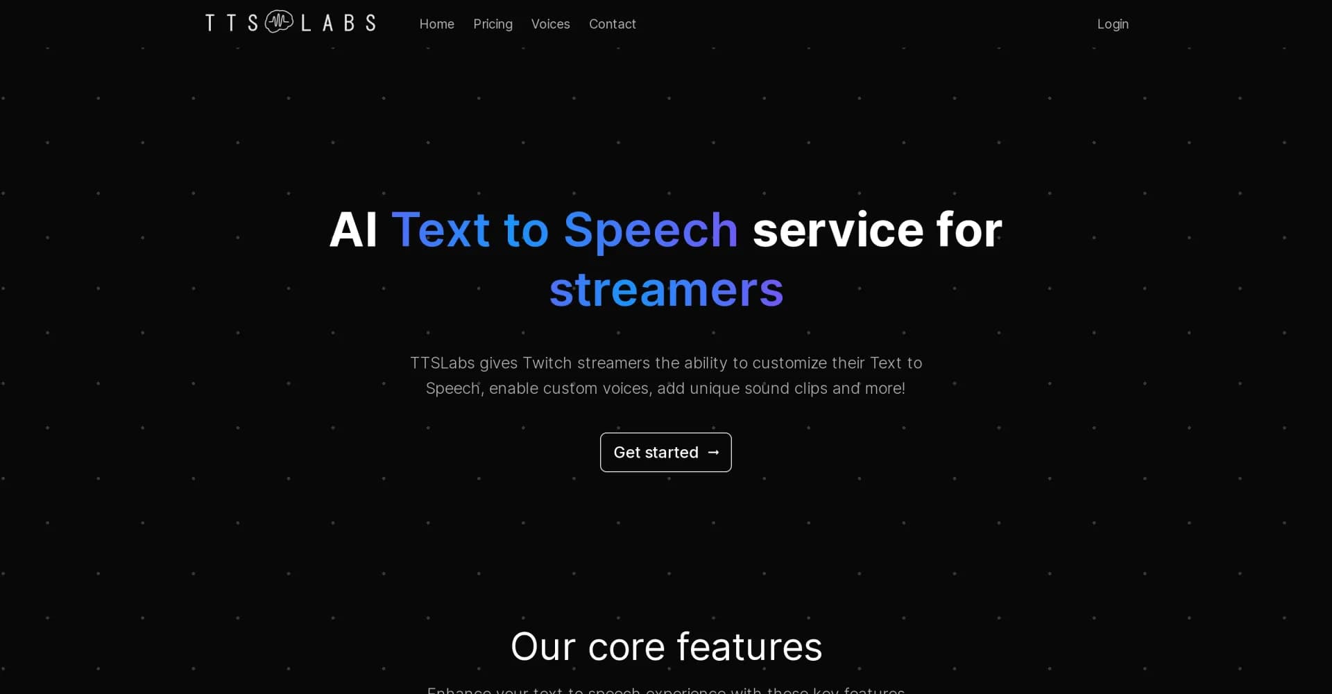 TTSLabs homepage screenshot — AI text-to-speech for Twitch streamers