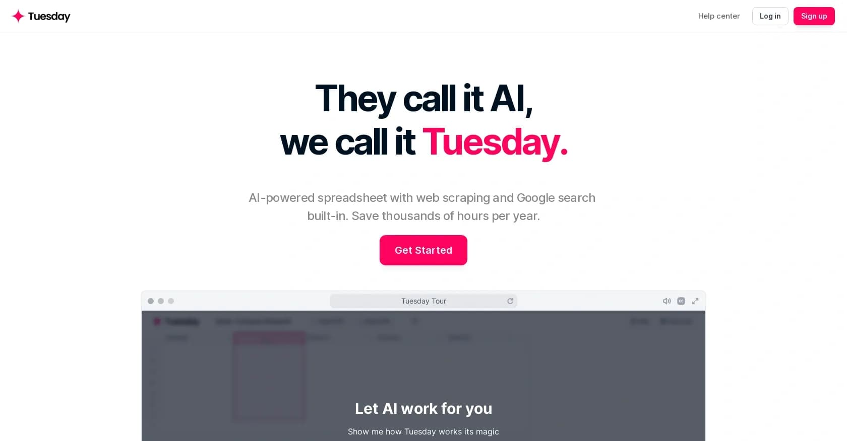 Tuesday homepage screenshot — AI-powered spreadsheet that automates your work.