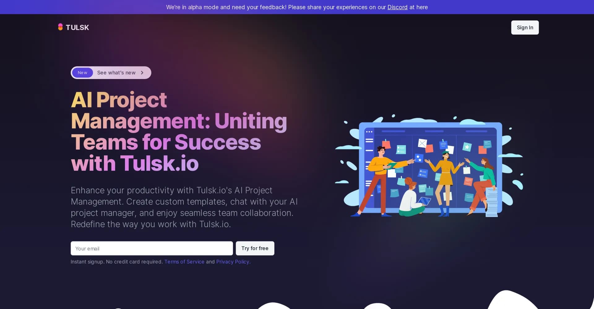 Tulsk homepage screenshot — AI-powered project management for seamless team collaboratio