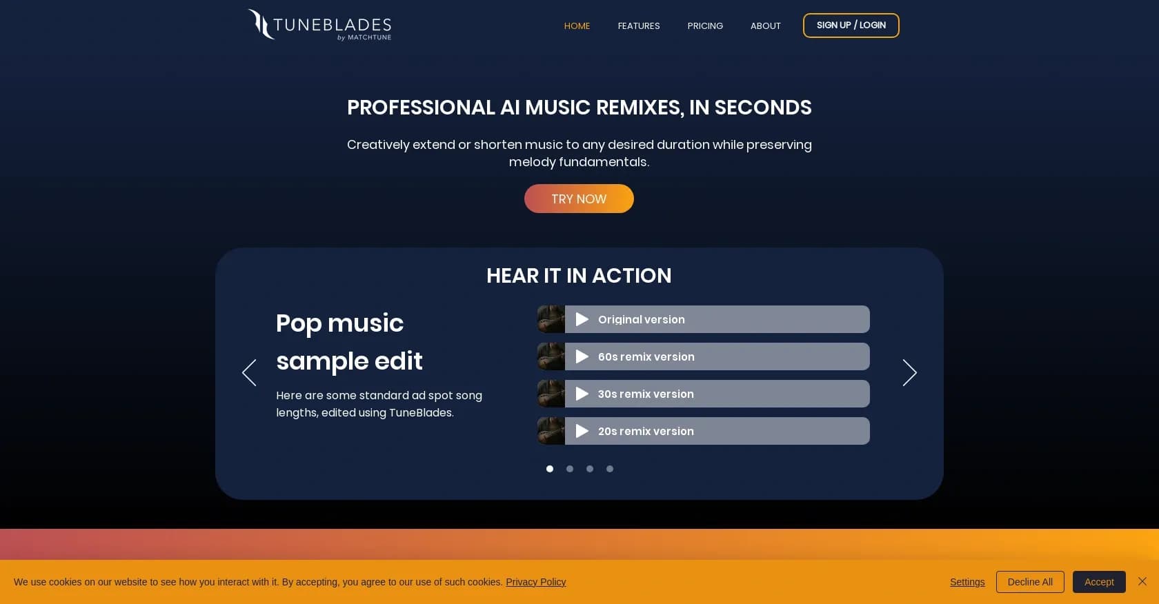 TuneBlades homepage screenshot — Professional AI music remixes, in seconds