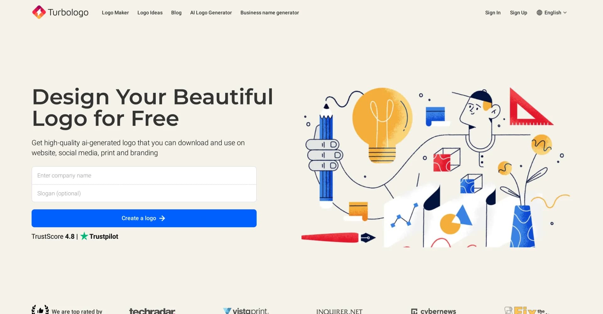 Turbologo homepage screenshot — AI-powered logo maker: Design your logo in minutes.