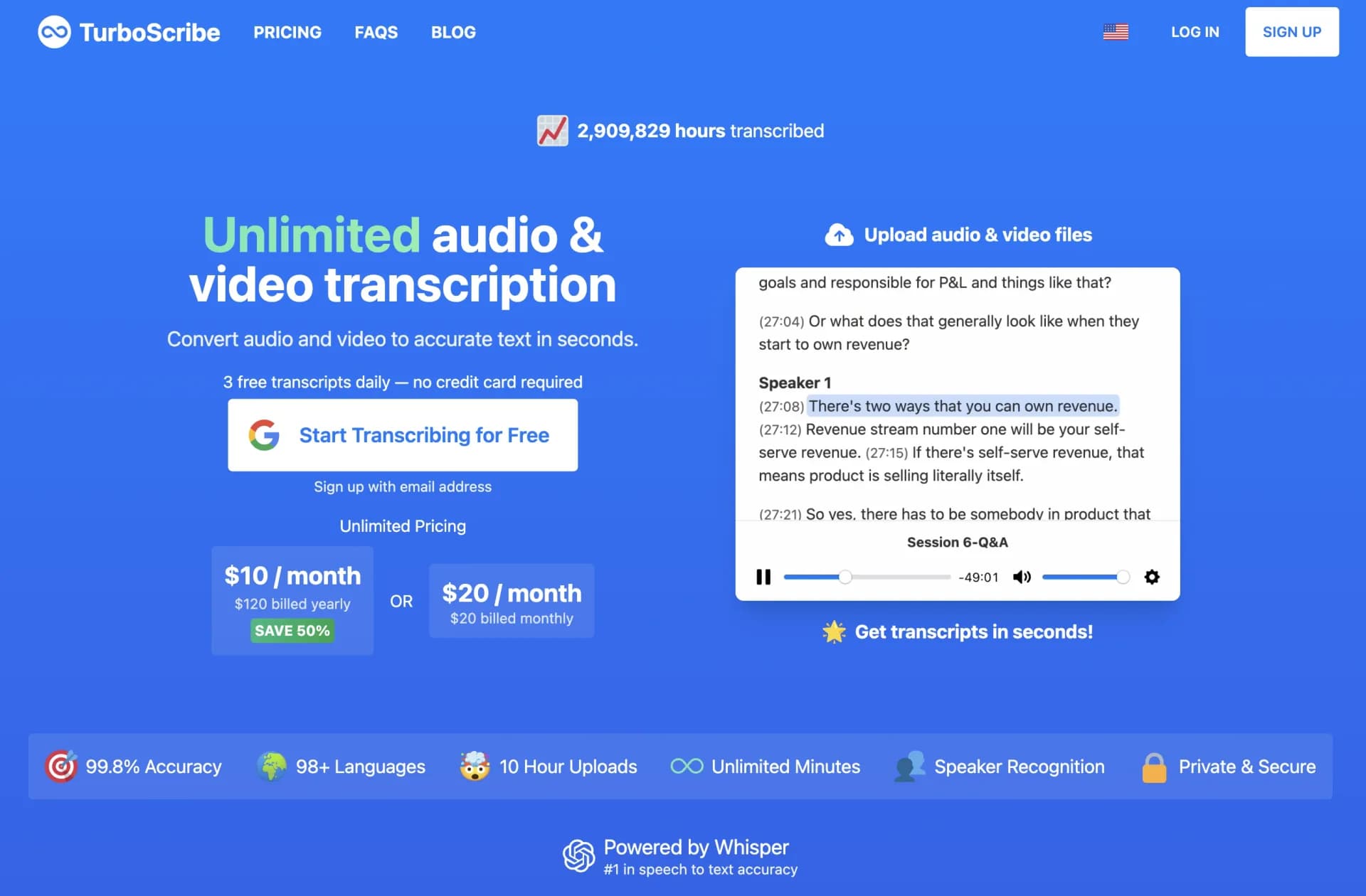 TurboScribev2.1 homepage screenshot — 🎯 3 free transcripts every day. 🔥 Unlimited transcription 
