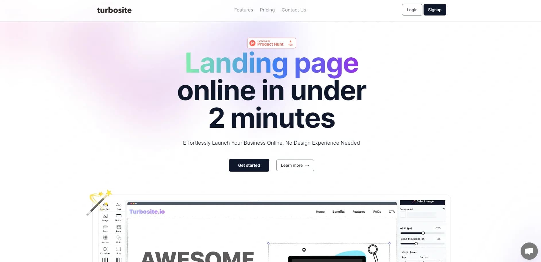 Turbosite homepage screenshot — AI-powered landing pages in minutes, no design skills needed