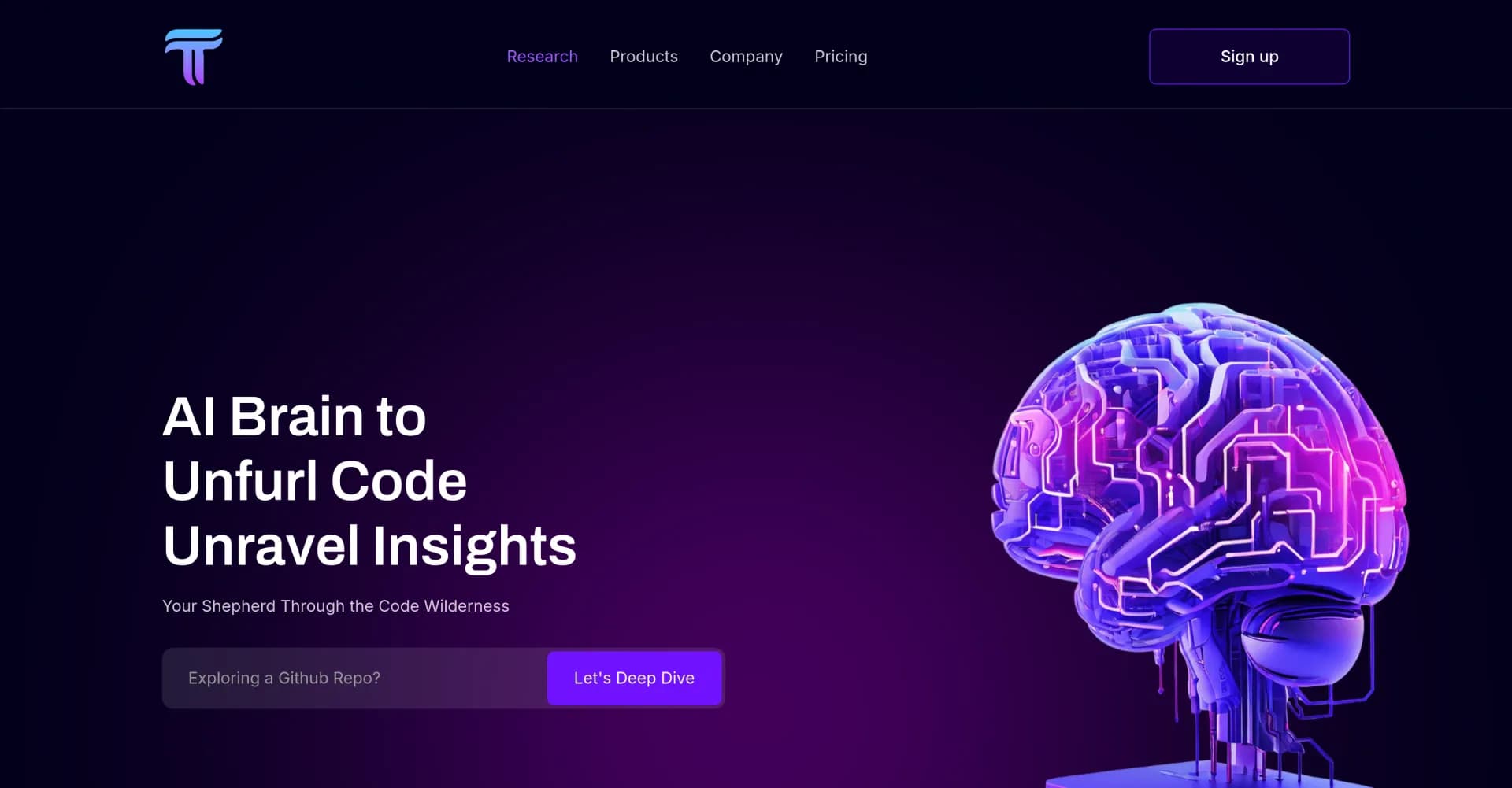 TuringMind AI homepage screenshot — AI brain to unfurl code and unravel insights