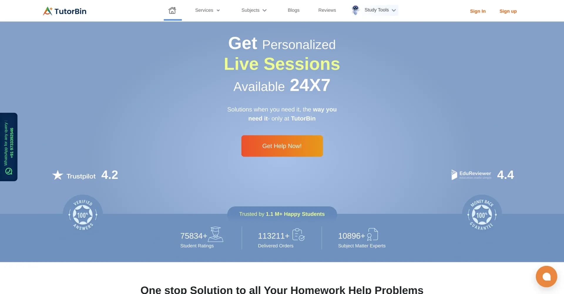 TutorBin homepage screenshot — Expert tutoring for all your homework needs.