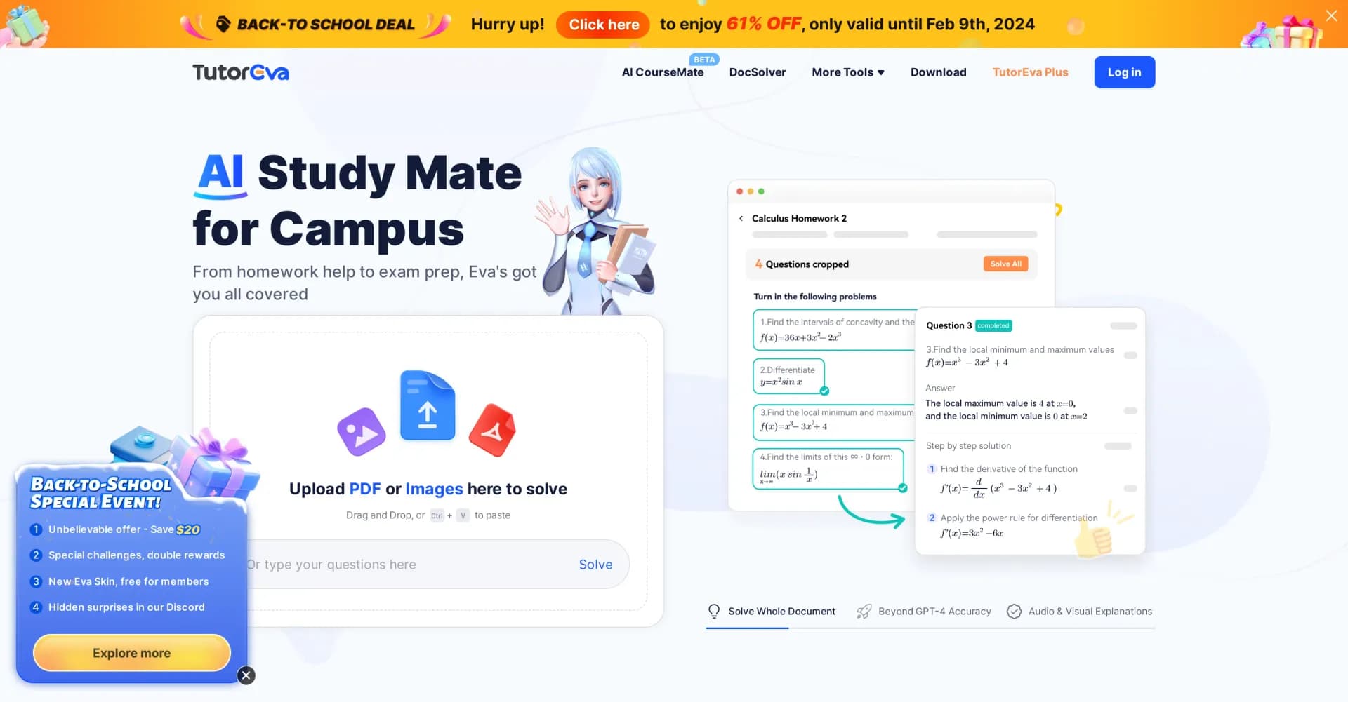 TutorEva homepage screenshot — AI homework help: from assignments to exams.