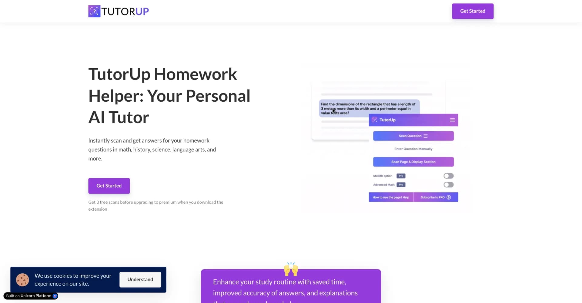 TutorUp Homework Helper homepage screenshot — Scan homework, get instant answers and explanations.