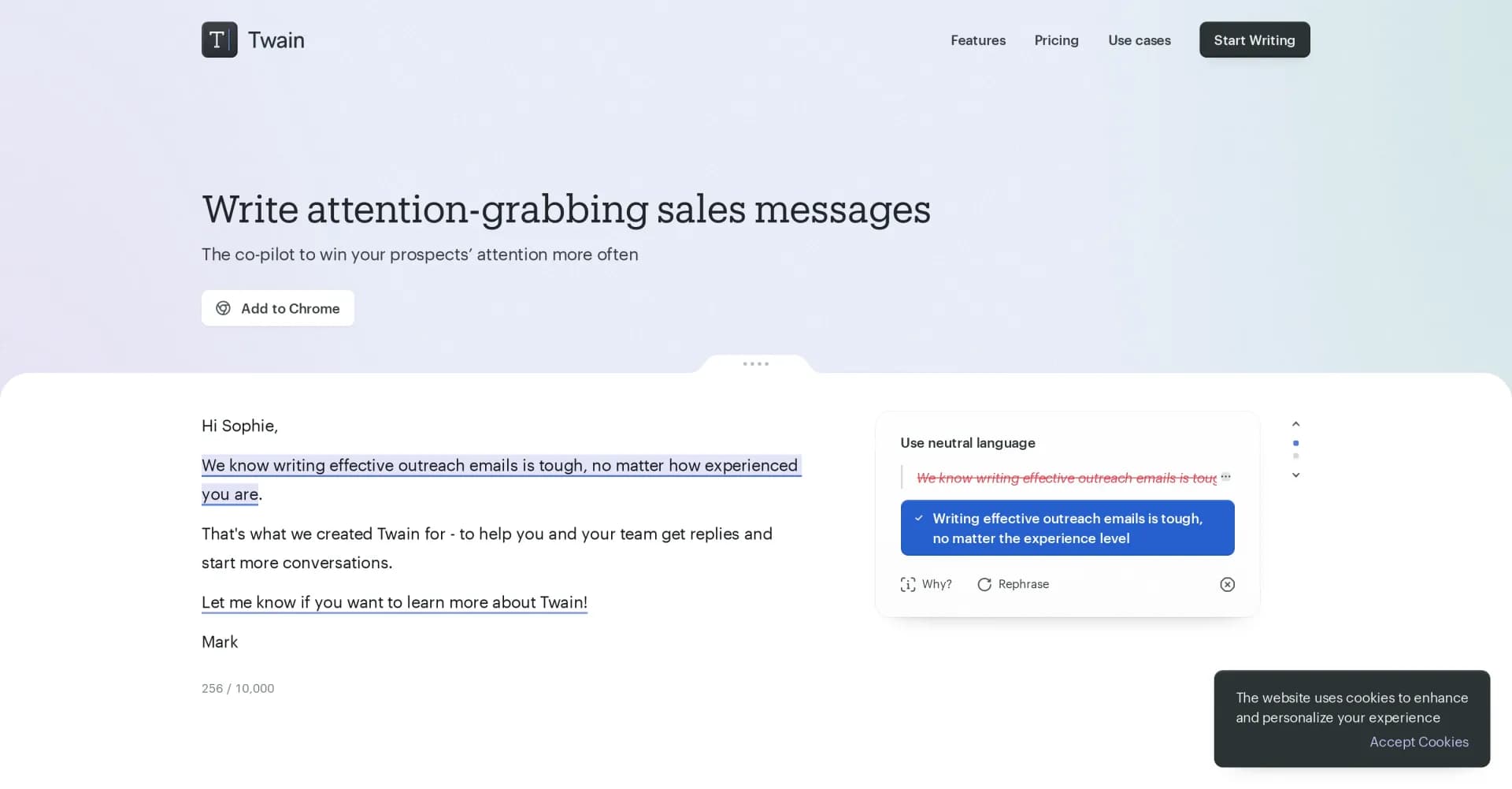 Twain homepage screenshot — Write emails that get answers