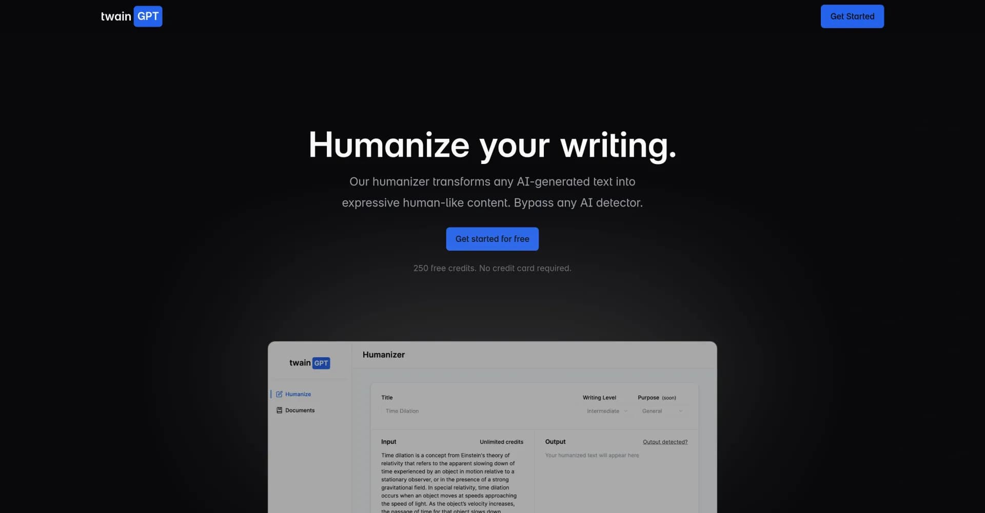 TwainGPT homepage screenshot — Humanize AI text, bypass detectors.