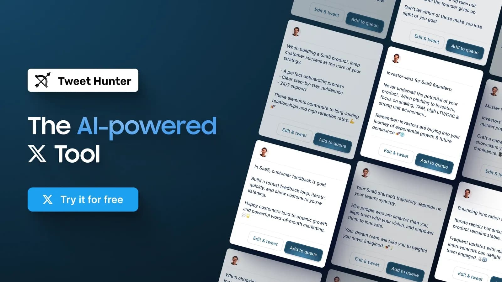 Tweet Hunter homepage screenshot — Twitter audience growth and engagement optimized.