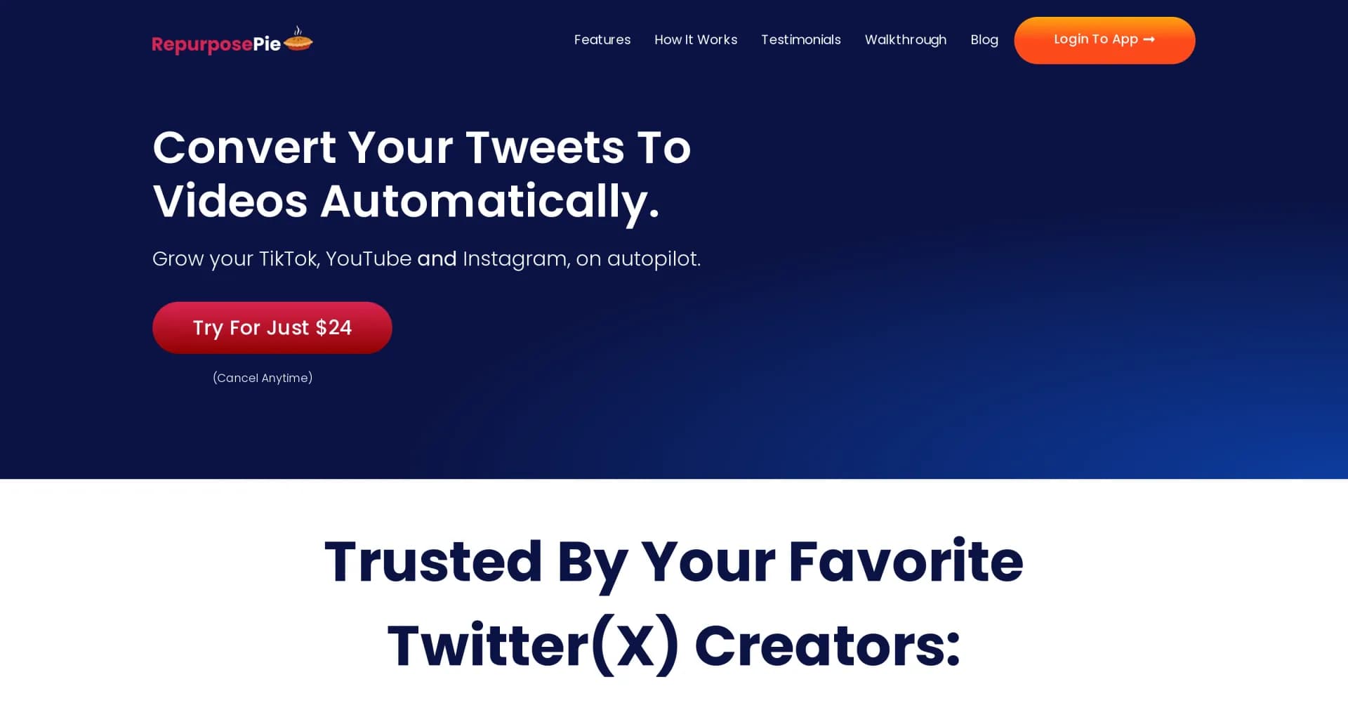 Tweet to Video by RepurposePie homepage screenshot — Automatically convert tweets to videos for social media grow