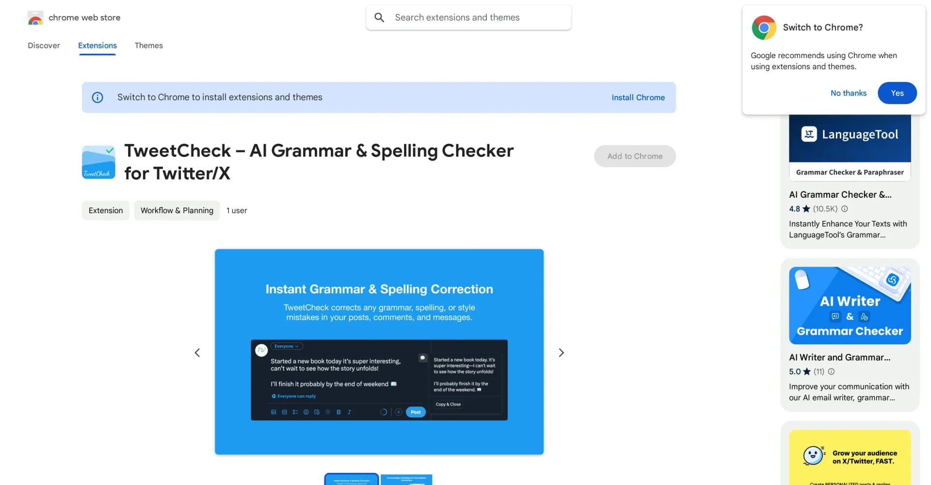 TweetCheck homepage screenshot — AI grammar assistant for Twitter posts and messages