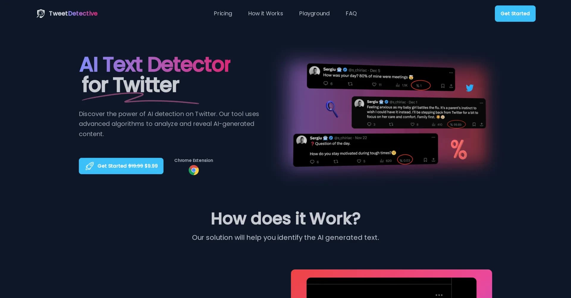 TweetDetective homepage screenshot — Unmask AI-generated tweets instantly