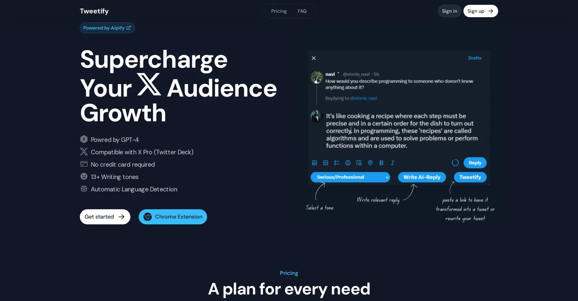 Tweetify homepage screenshot — AI companion for effortless X audience growth