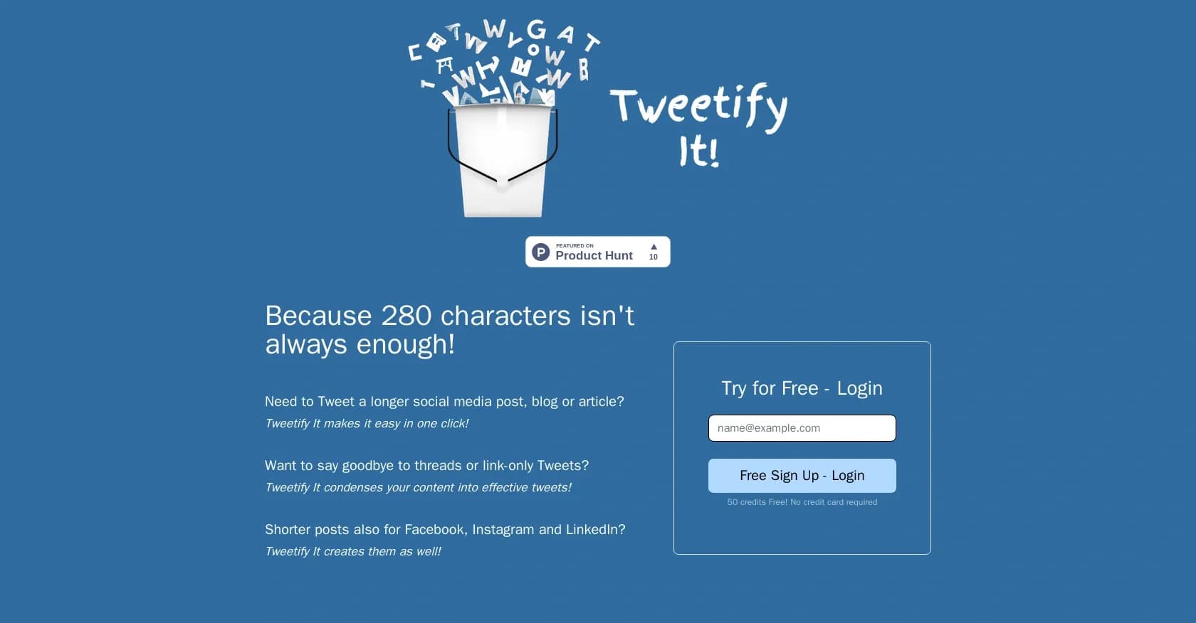 Tweetify It homepage screenshot — One click to transform long content into social posts.