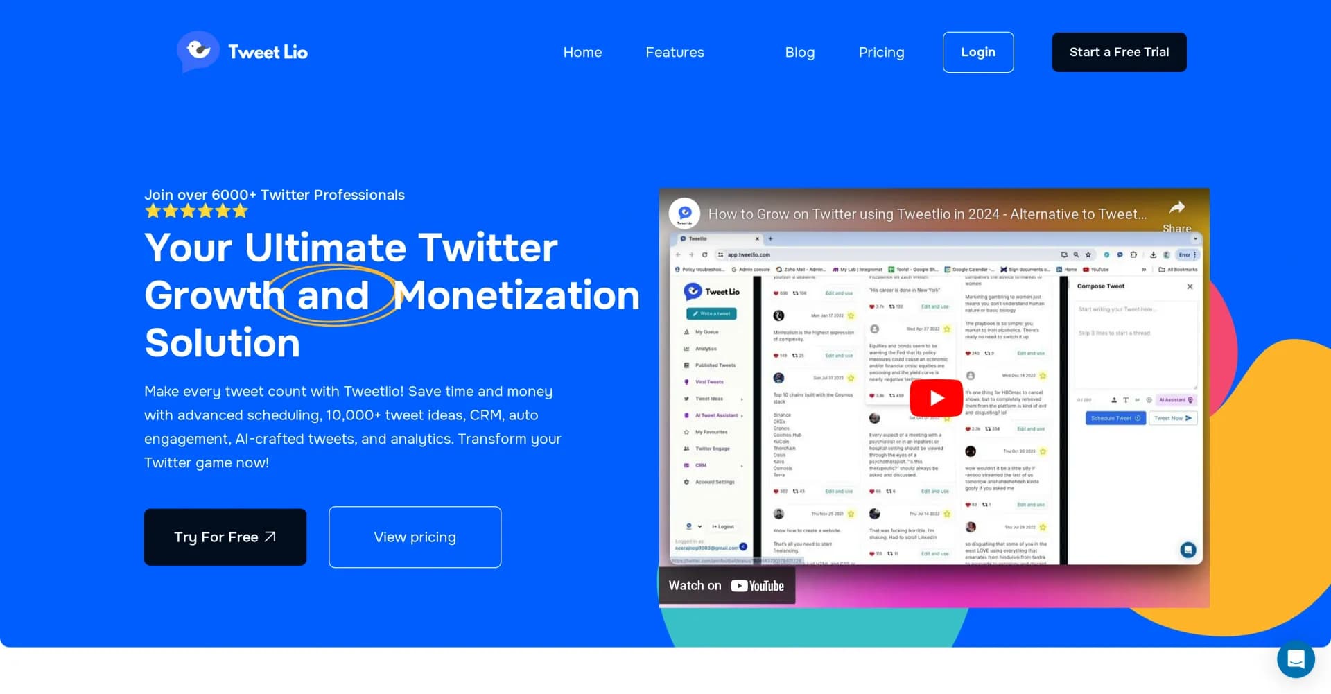 Tweetlio homepage screenshot — Effortlessly manage and grow your X presence with AI.
