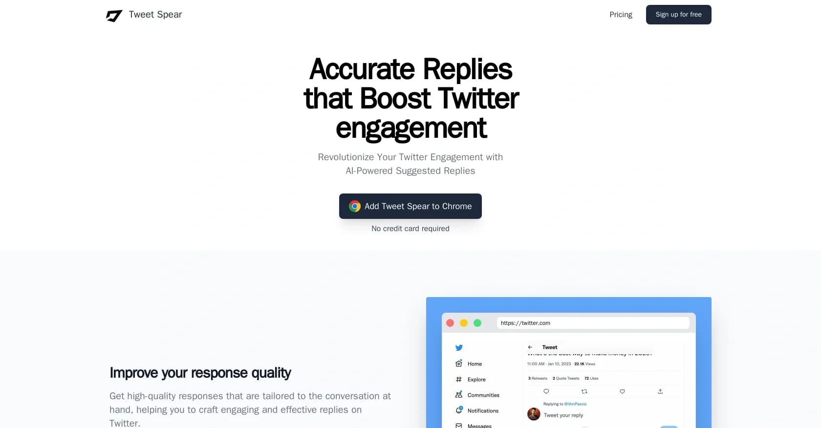 Tweetspear homepage screenshot — AI-powered replies to boost Twitter engagement.