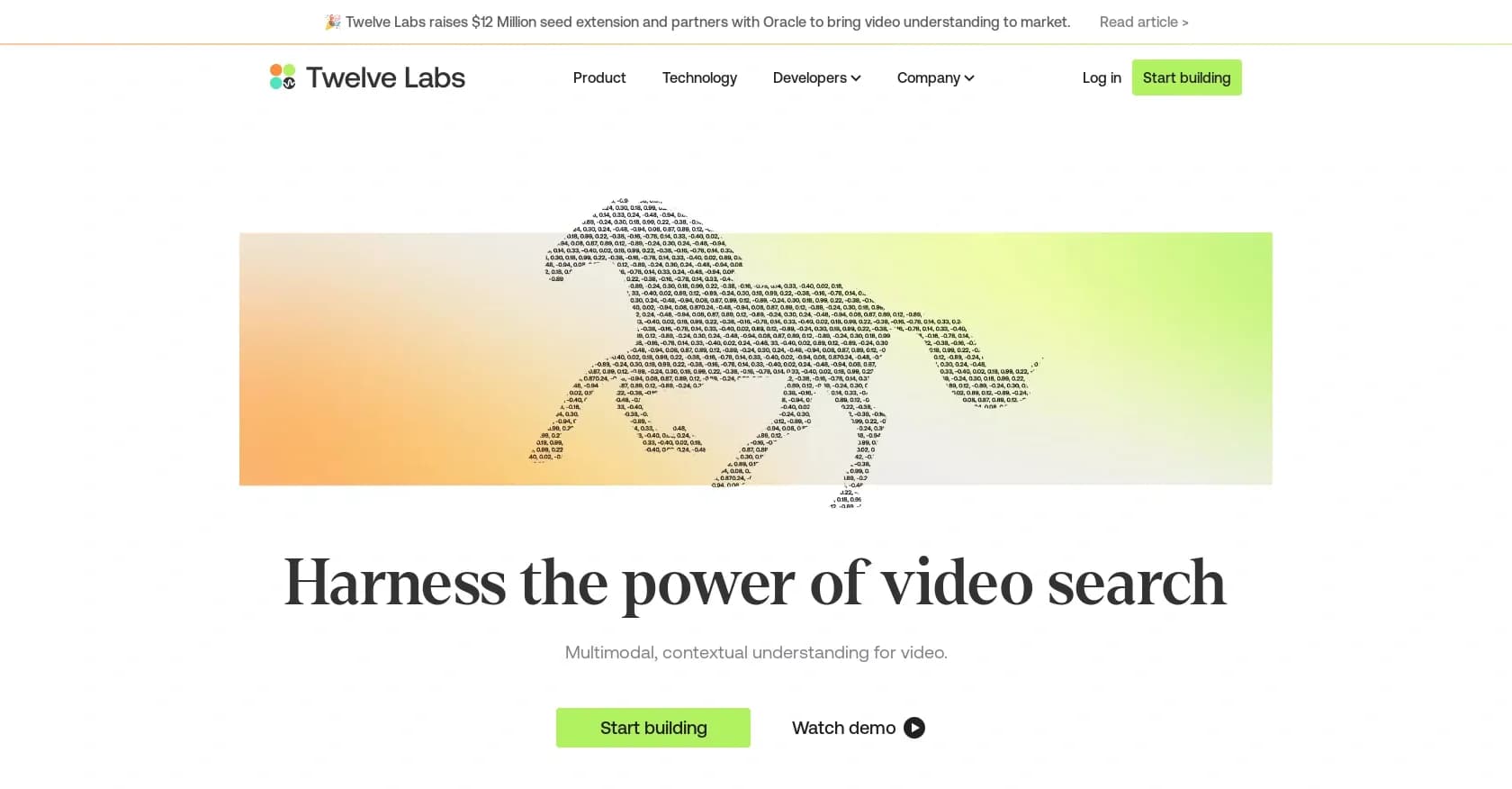 Twelve Labs homepage screenshot — Empower developers with contextual video understanding.