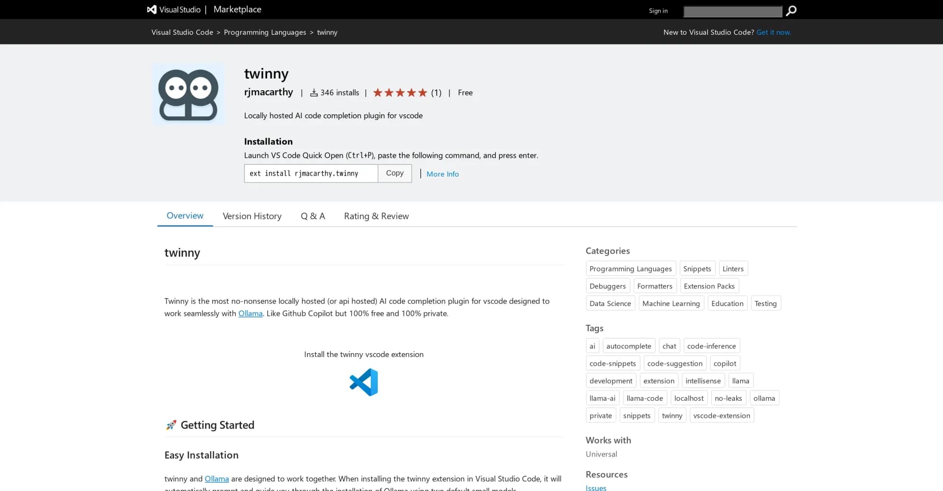Twinny homepage screenshot — Local AI code completion for VS Code.