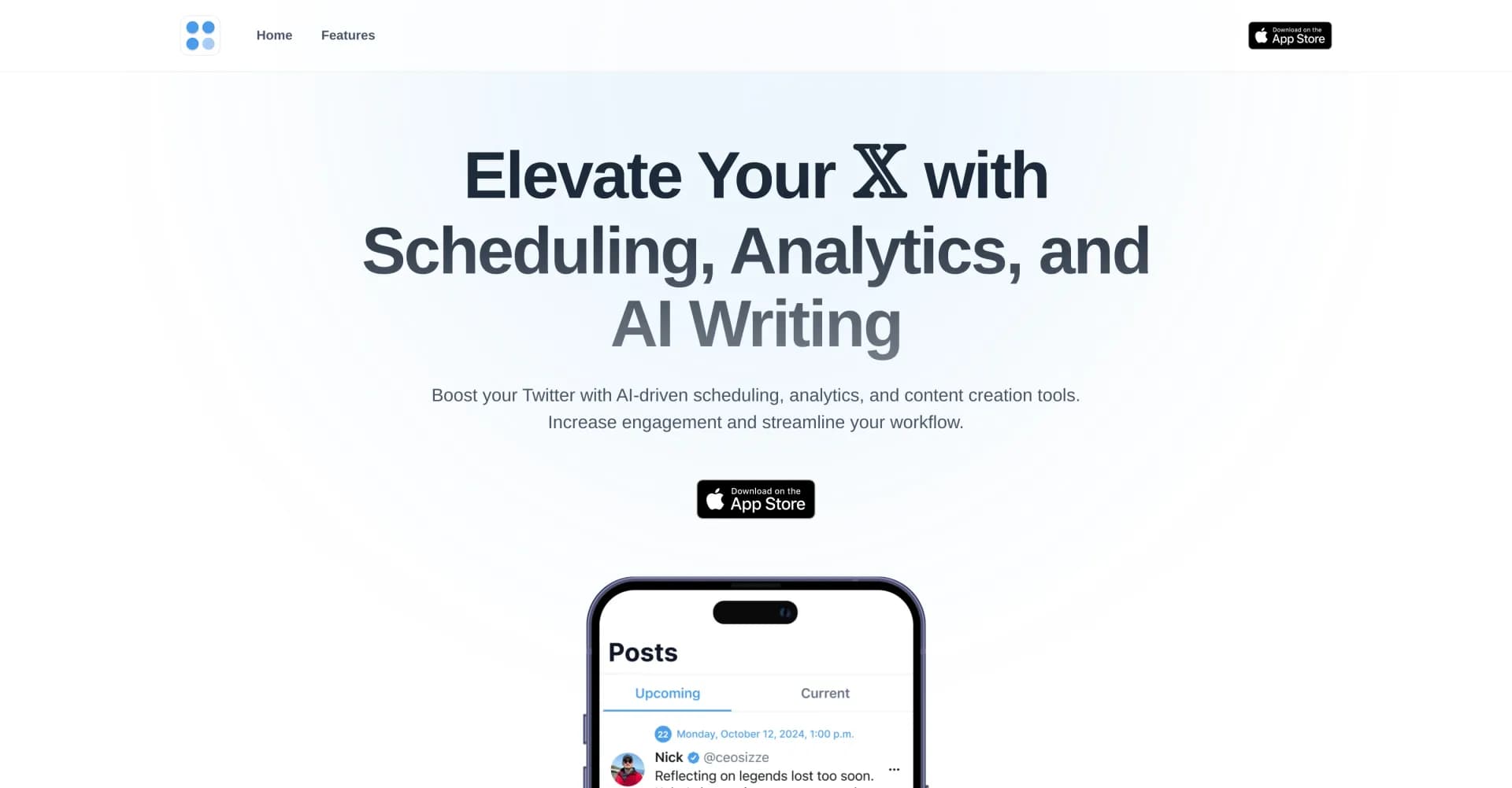 Twitdget homepage screenshot — Boost Twitter with AI scheduling, analytics, and content cre