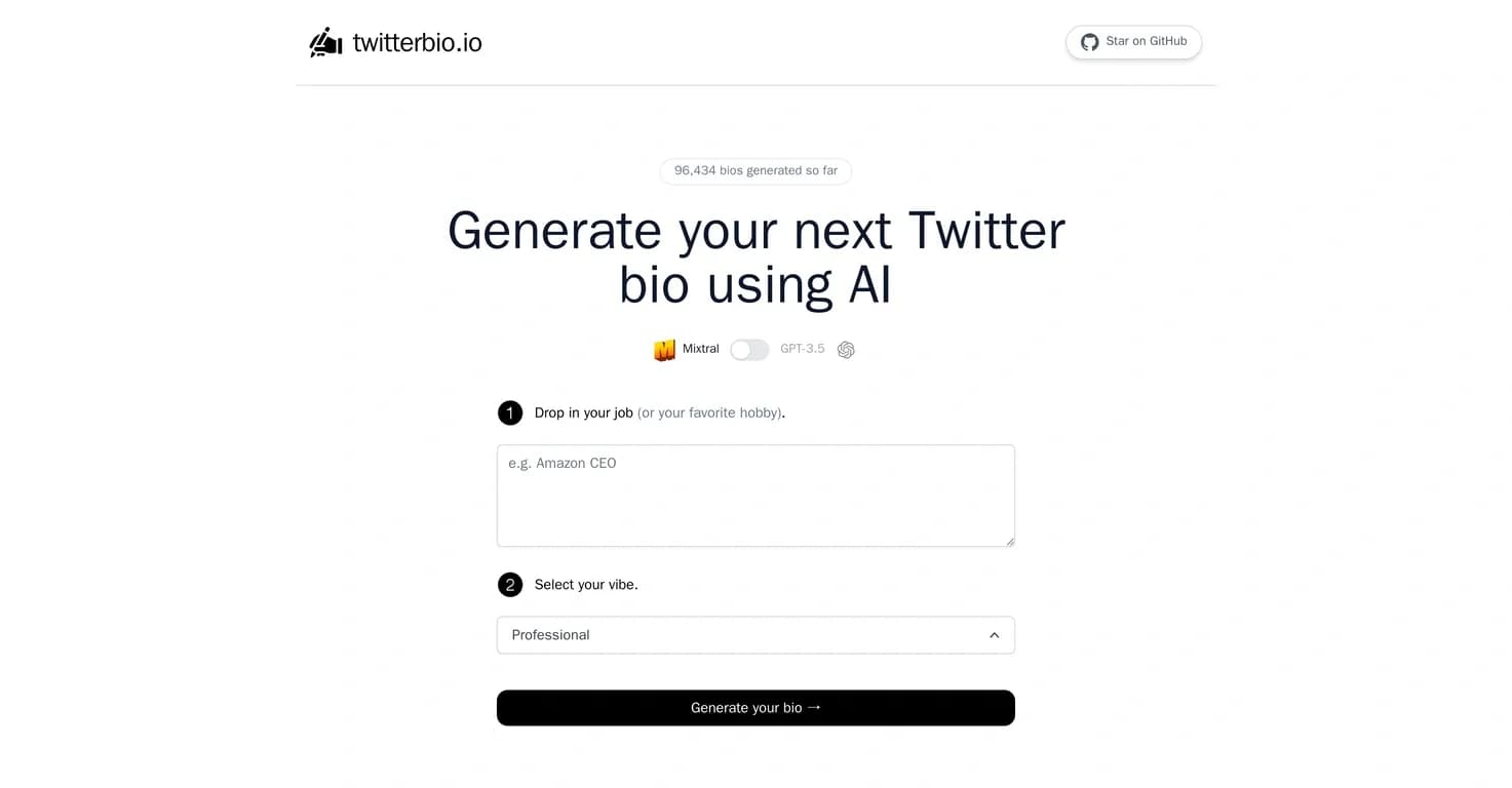 Twitter Bio Generator homepage screenshot — Generate your next Twitter bio in seconds.