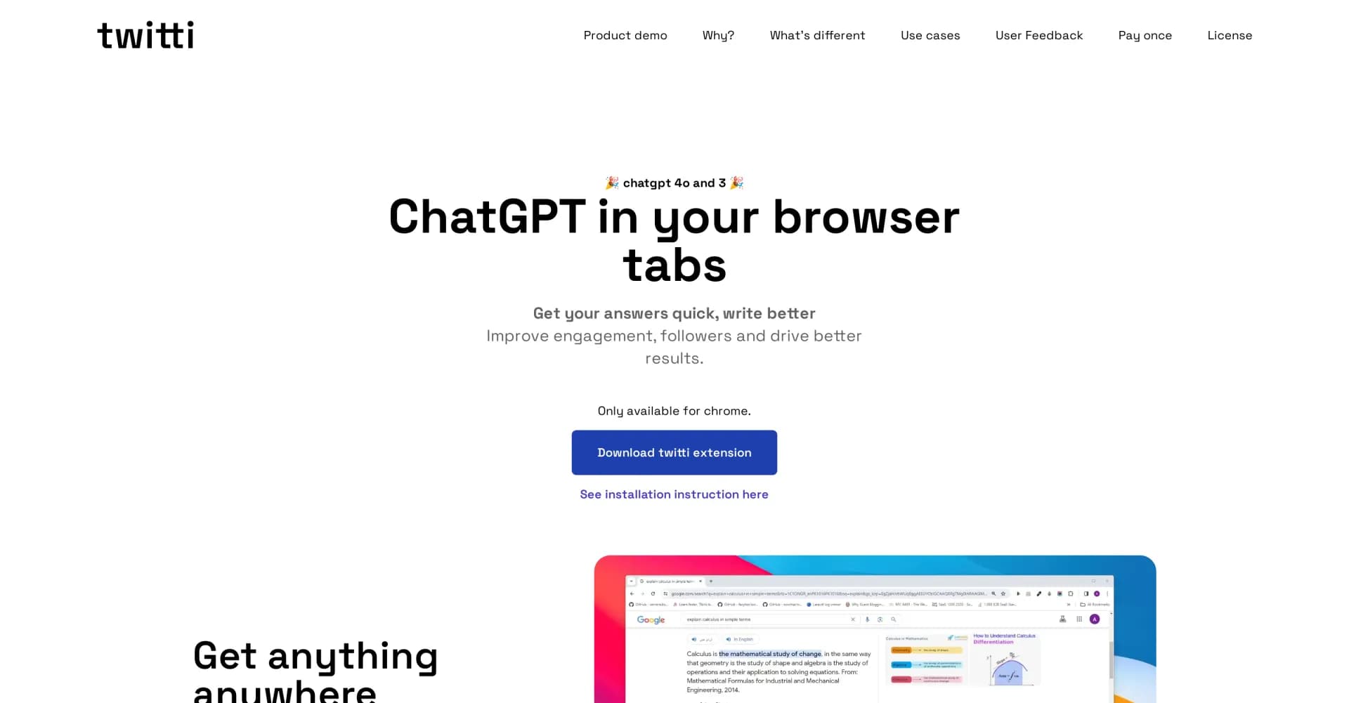 Twitti homepage screenshot — ChatGPT in your browser tabs for quicker, smarter results.