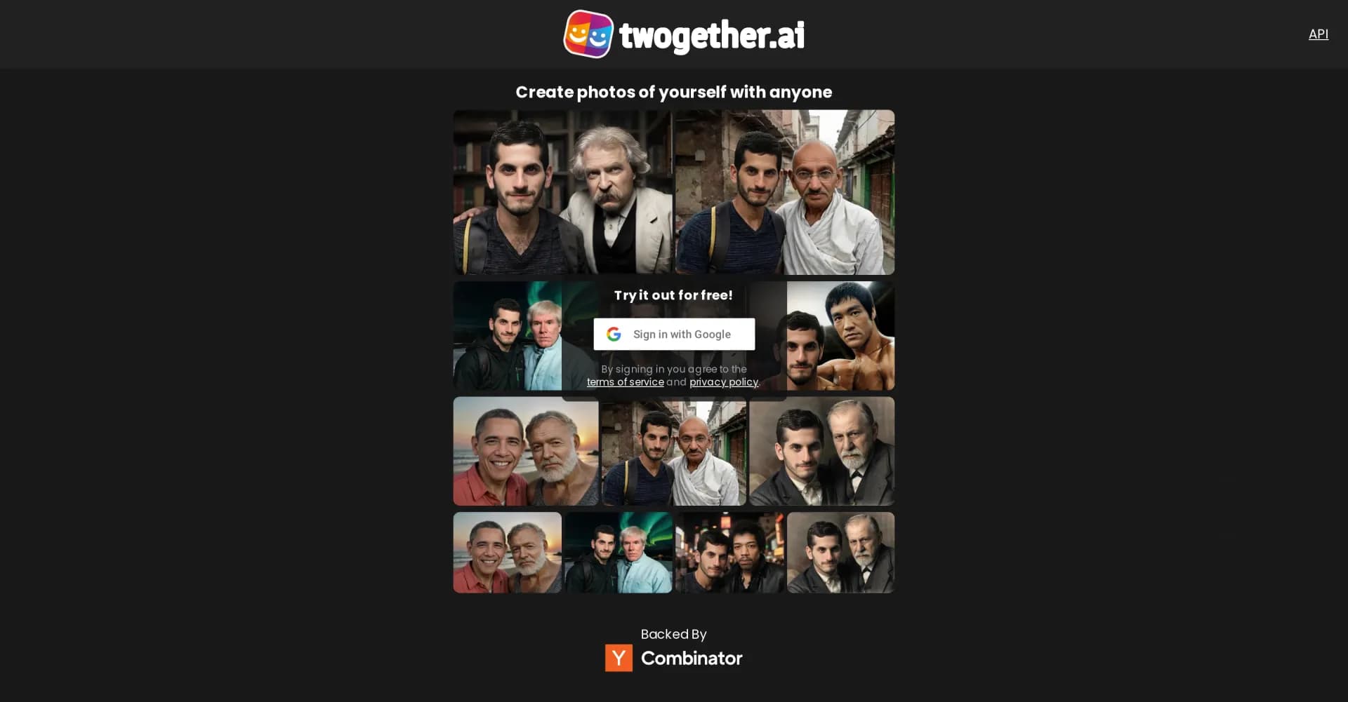 Twogether homepage screenshot — Create AI portraits of you with anyone