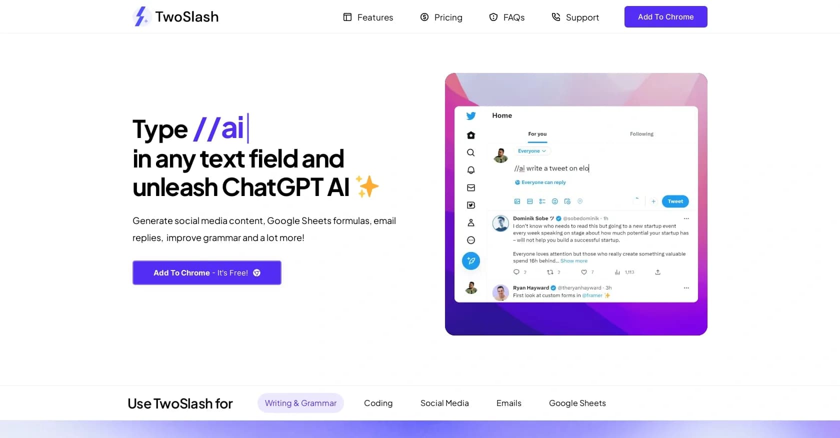 TwoSlash homepage screenshot — Unleash ChatGPT AI in any text field.