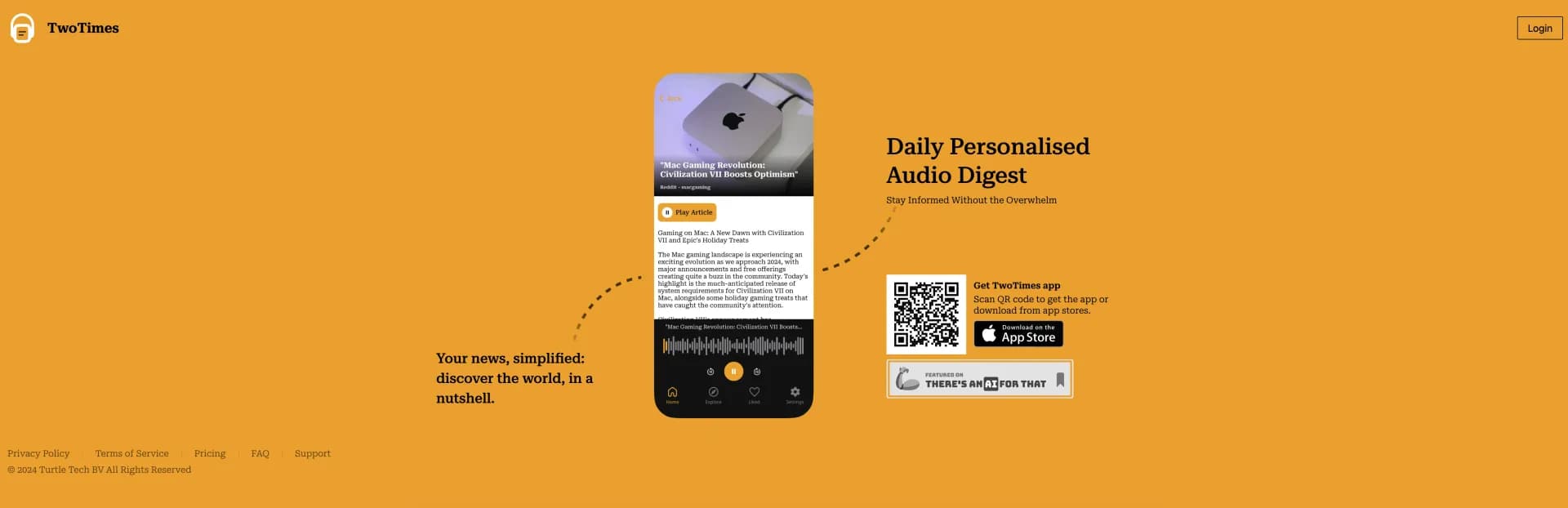 TwoTimes homepage screenshot — Your news, simplified: world events in a nutshell.