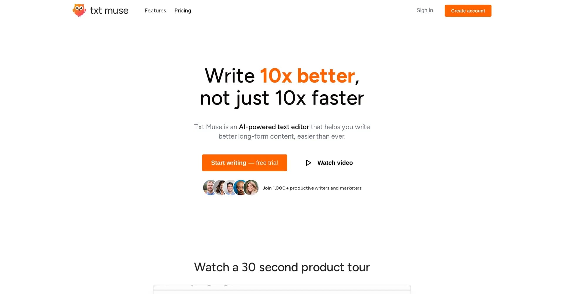 Txt Muse homepage screenshot — AI-powered editor for better long-form writing