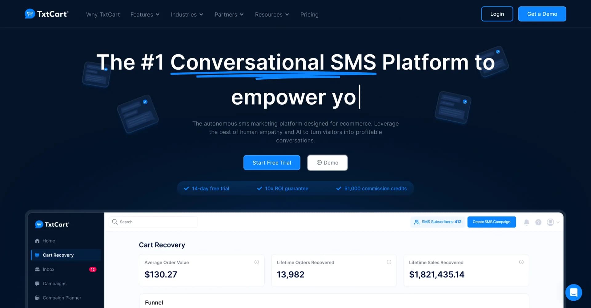 TxtCart homepage screenshot — Autonomous SMS marketing for e-commerce profits