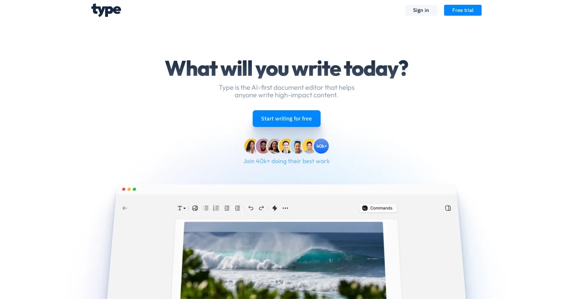 Type AI homepage screenshot — Write remarkably fast with AI assistance.