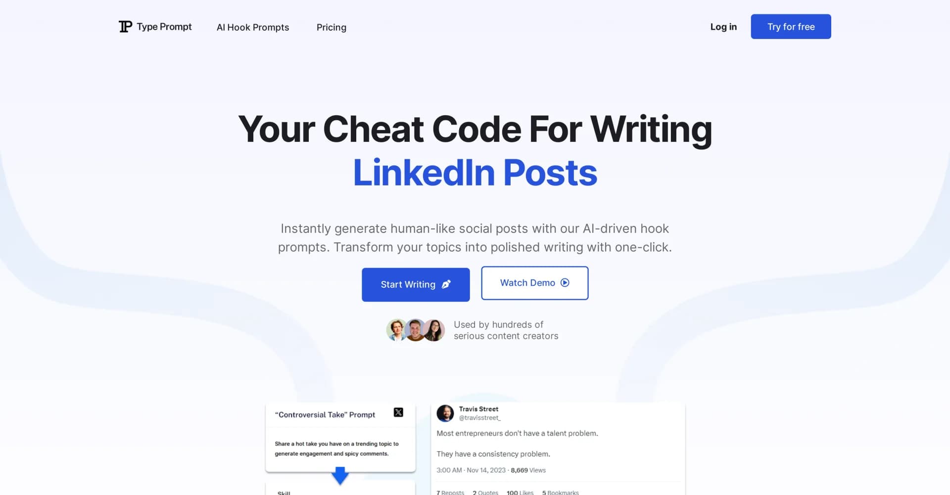 Type Prompt homepage screenshot — Instantly generate engaging social posts with AI prompts.