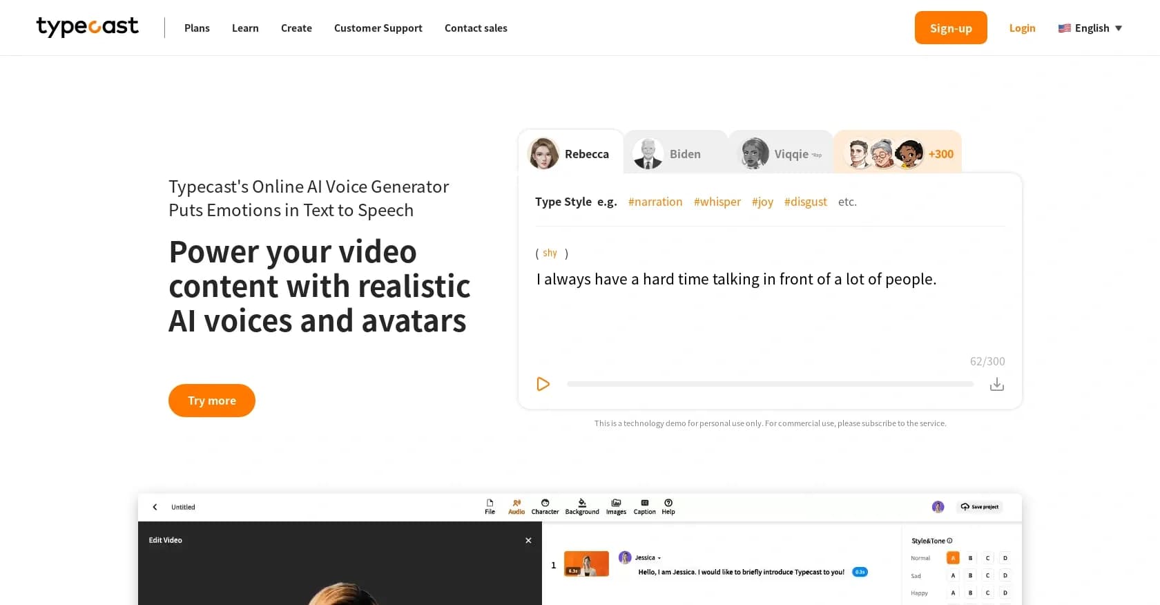 Typecast homepage screenshot — Power videos with realistic AI voices and avatars.
