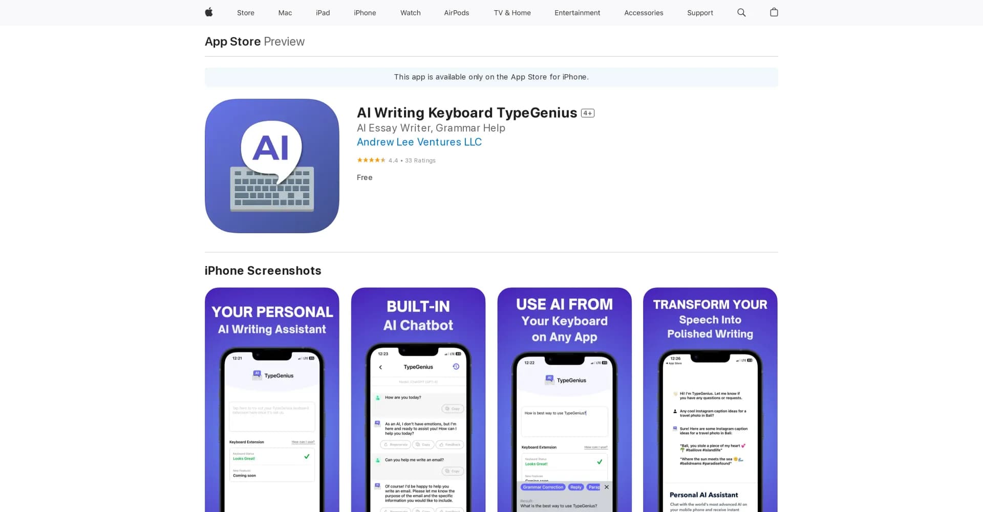 TypeGenius homepage screenshot — Enhance your writing with AI TypeGenius.