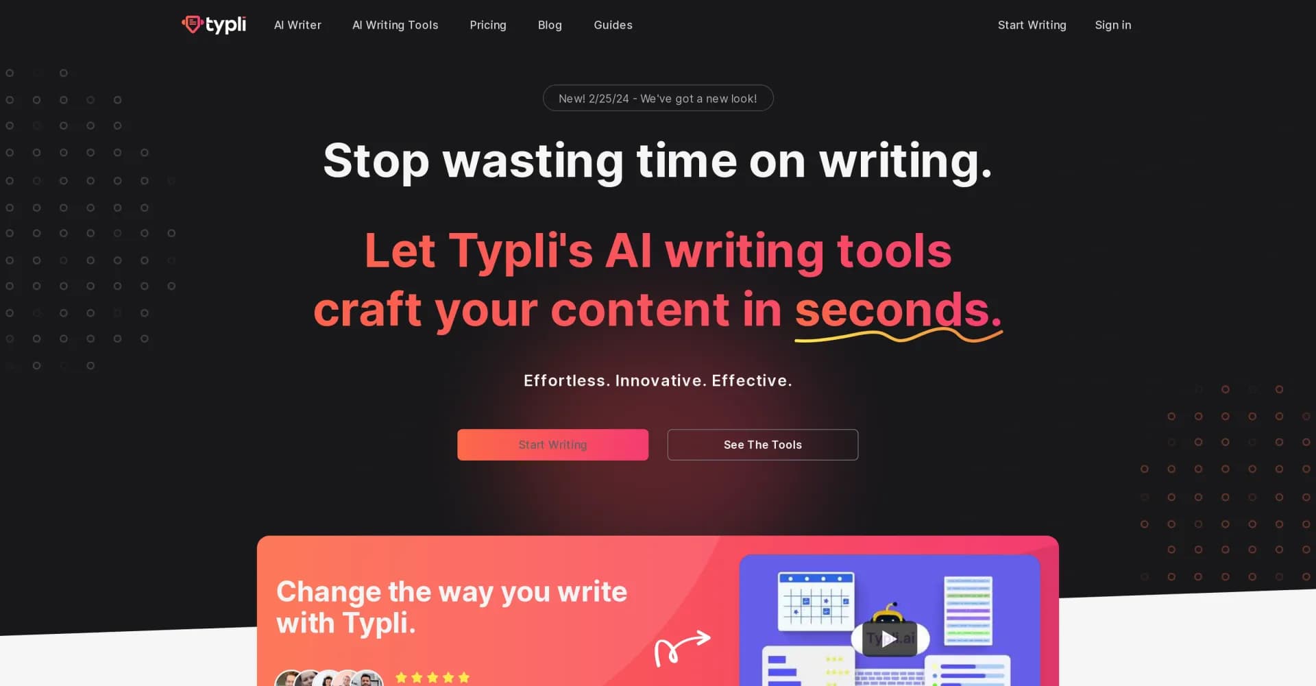 Typli.ai homepage screenshot — Craft content in seconds with AI writing tools