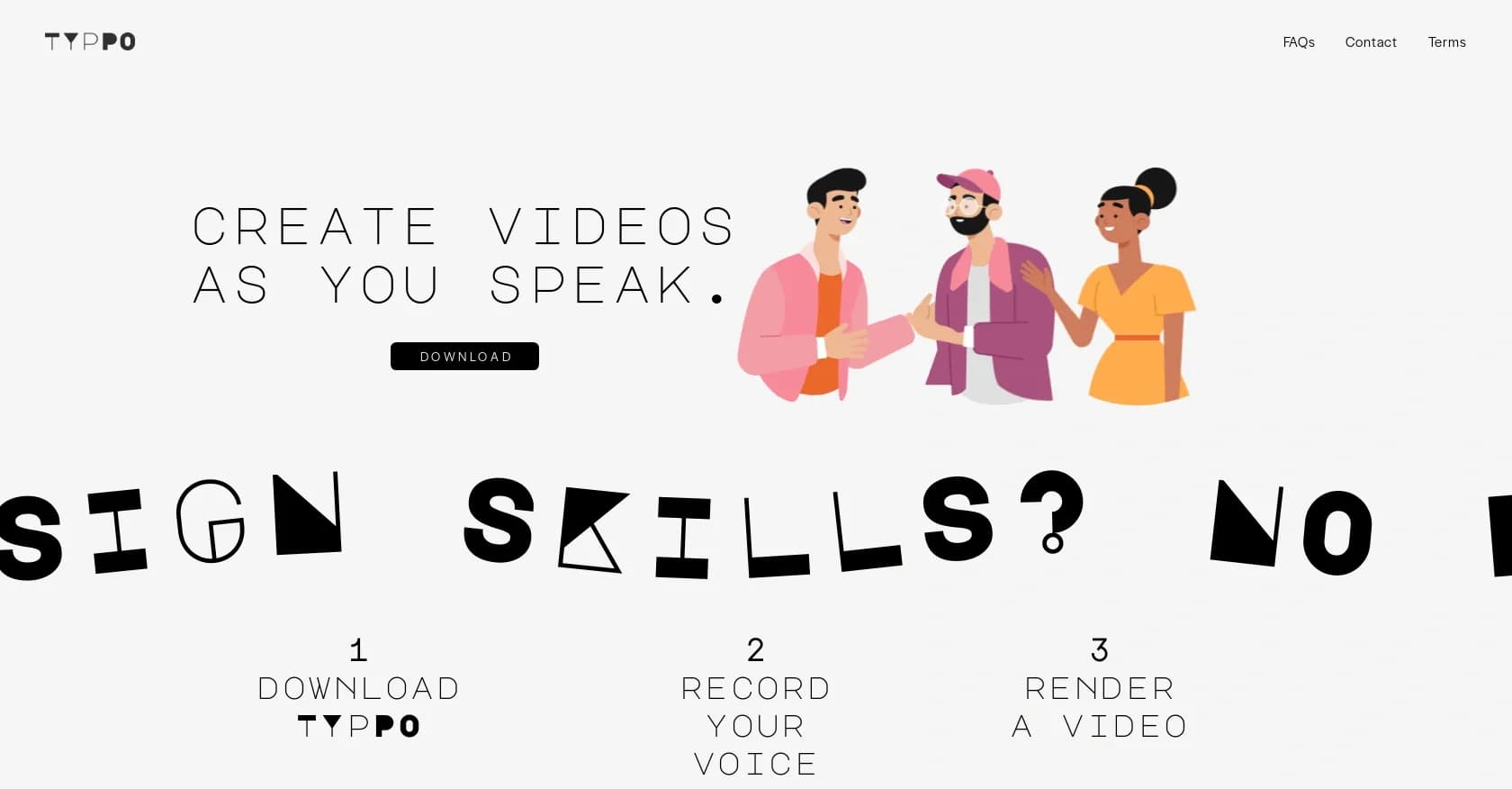 Typpo homepage screenshot — Create videos as you speak using AI.