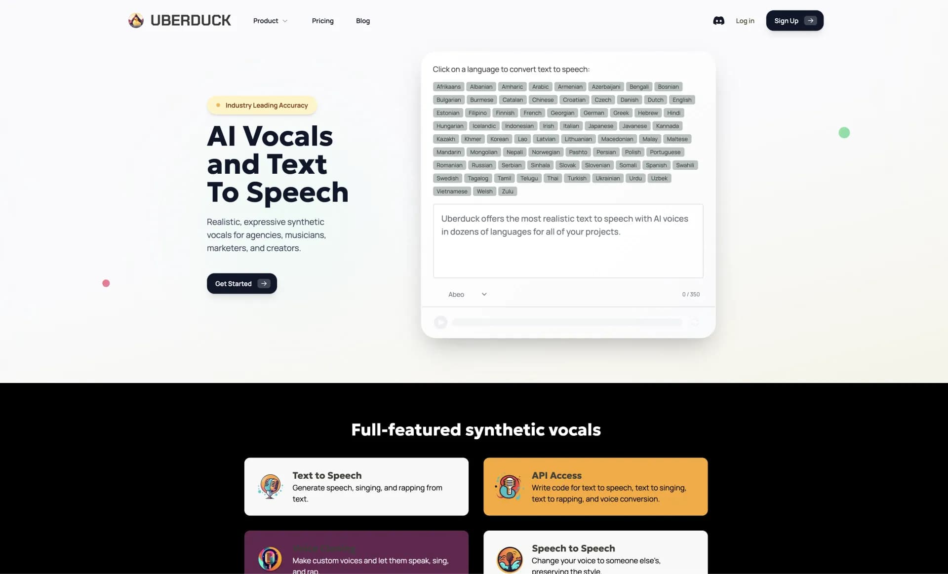 Uberduck homepage screenshot — Create AI voiceovers and build audio apps with 5000+ voices