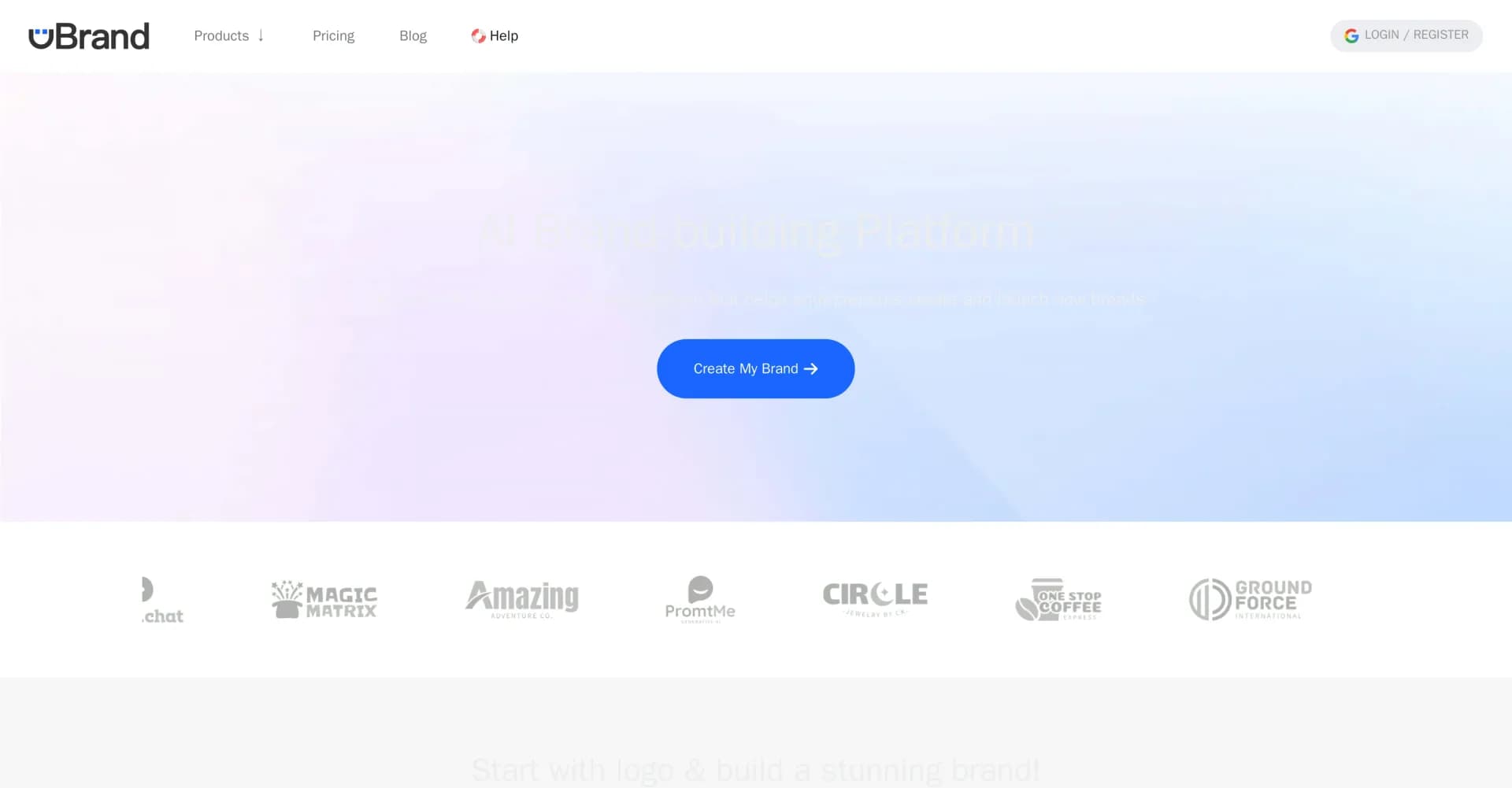 uBrand homepage screenshot — AI-powered branding platform for entrepreneurs.