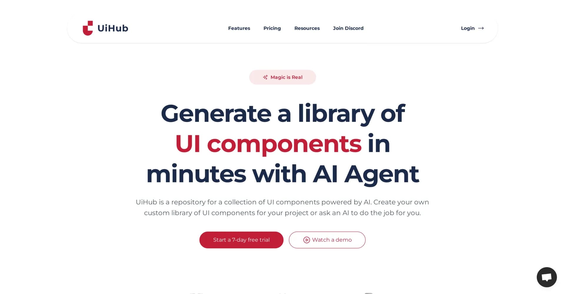 UiHub homepage screenshot — AI-powered TailwindCSS UI component library generator