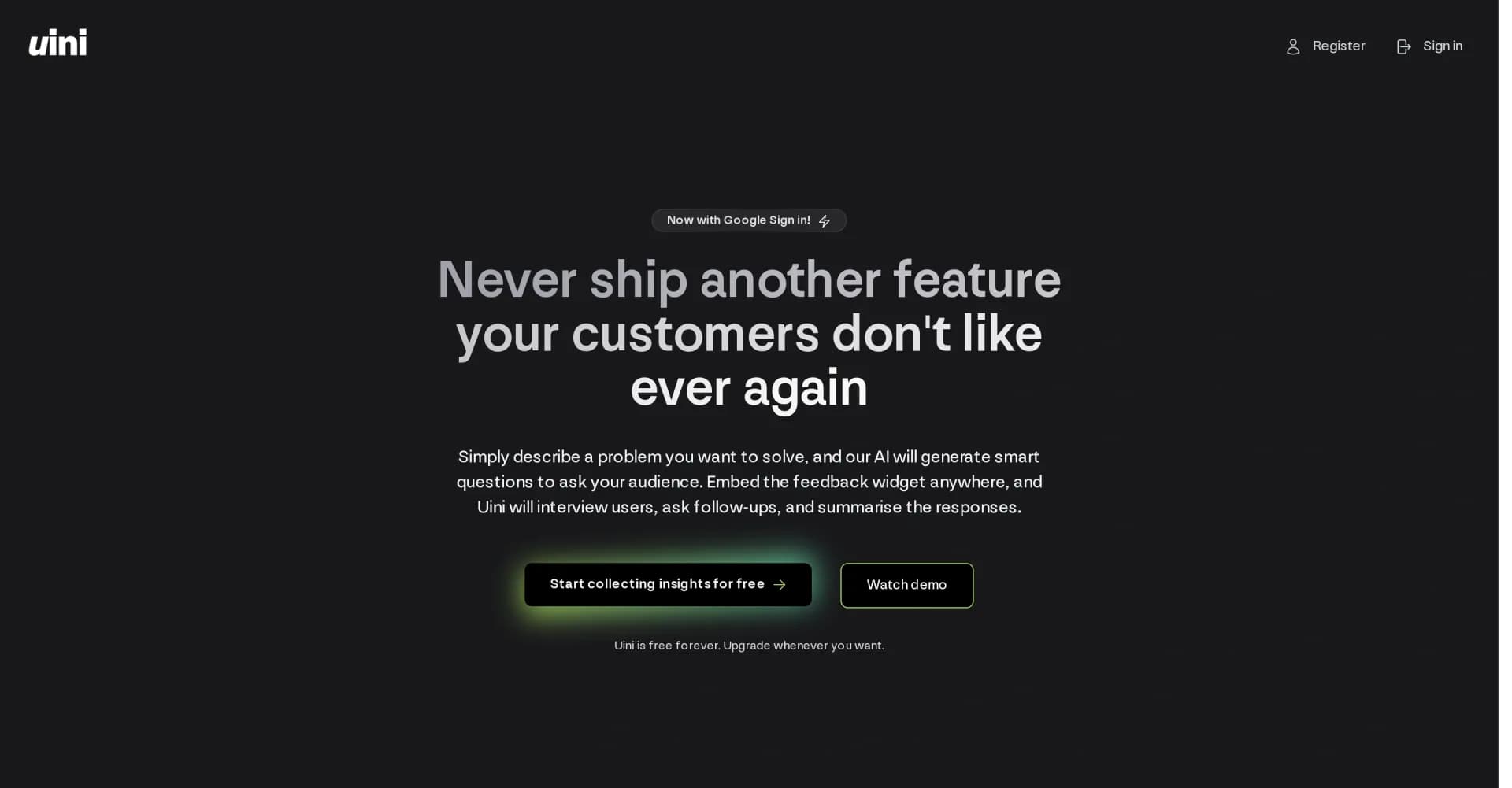 Uini homepage screenshot — AI-powered user insights, effortlessly automated.