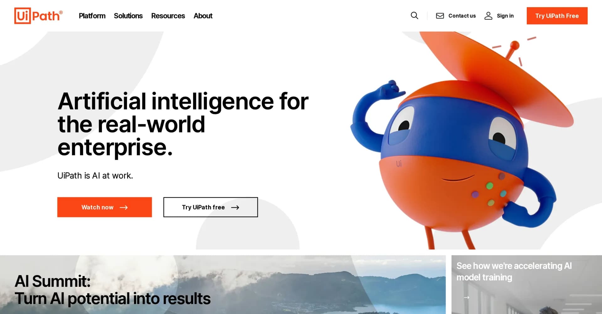 UiPath homepage screenshot — Accelerate human achievement with AI and automation.
