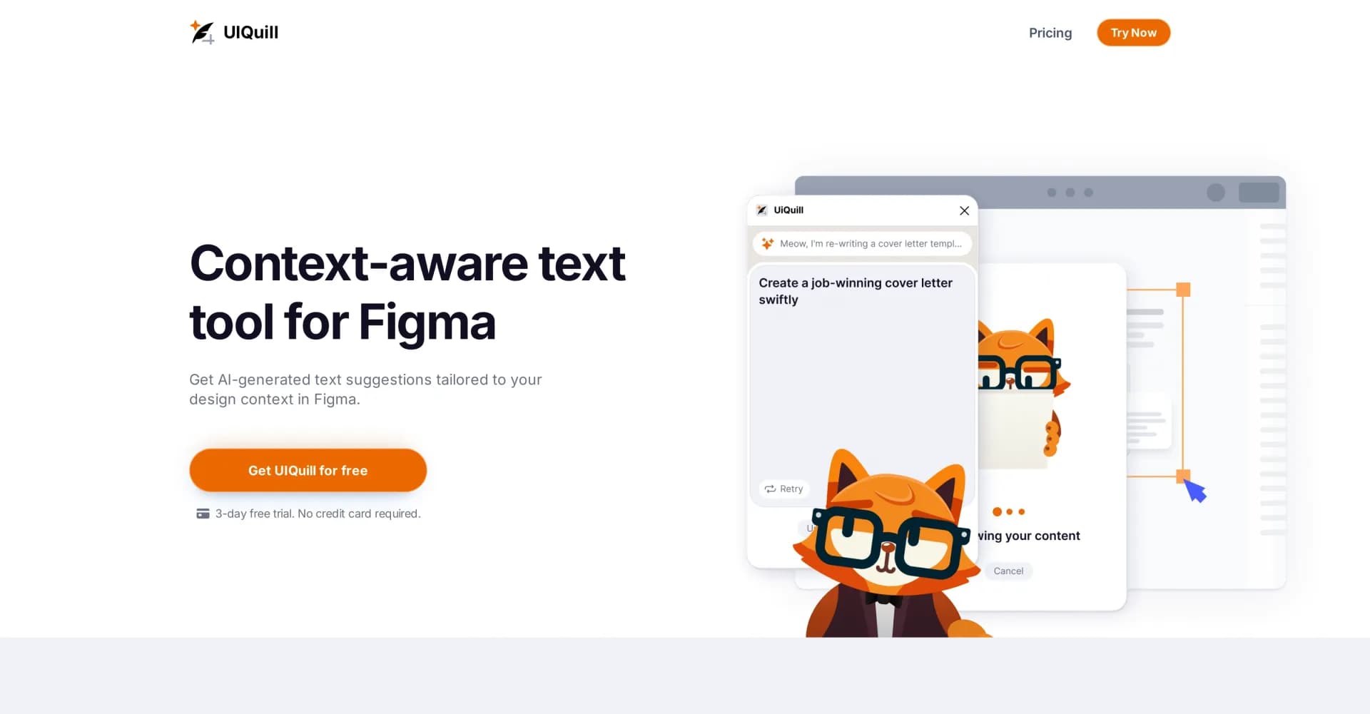 UIQuill homepage screenshot — AI-powered text suggestions for Figma designs